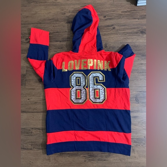 PINK VS STRIPE RED/ BLUE 86 BLING HOODIE L - Picture 3 of 5